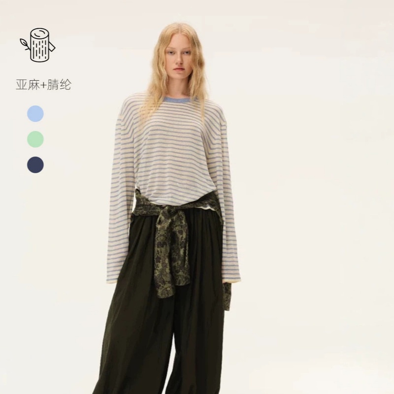 2026 Spring and Summer New Style Linen and Paper Yarn Airy Sun-Protective Round-Neck Classic Striped Knit Long-Sleeve Cover-Up Shirt 2026 Spring and Summer New Style Linen and Paper Yarn Airy Sun-Protective Round-Neck Classic Striped Knit Long-Sleeve Cover-Up Shirt