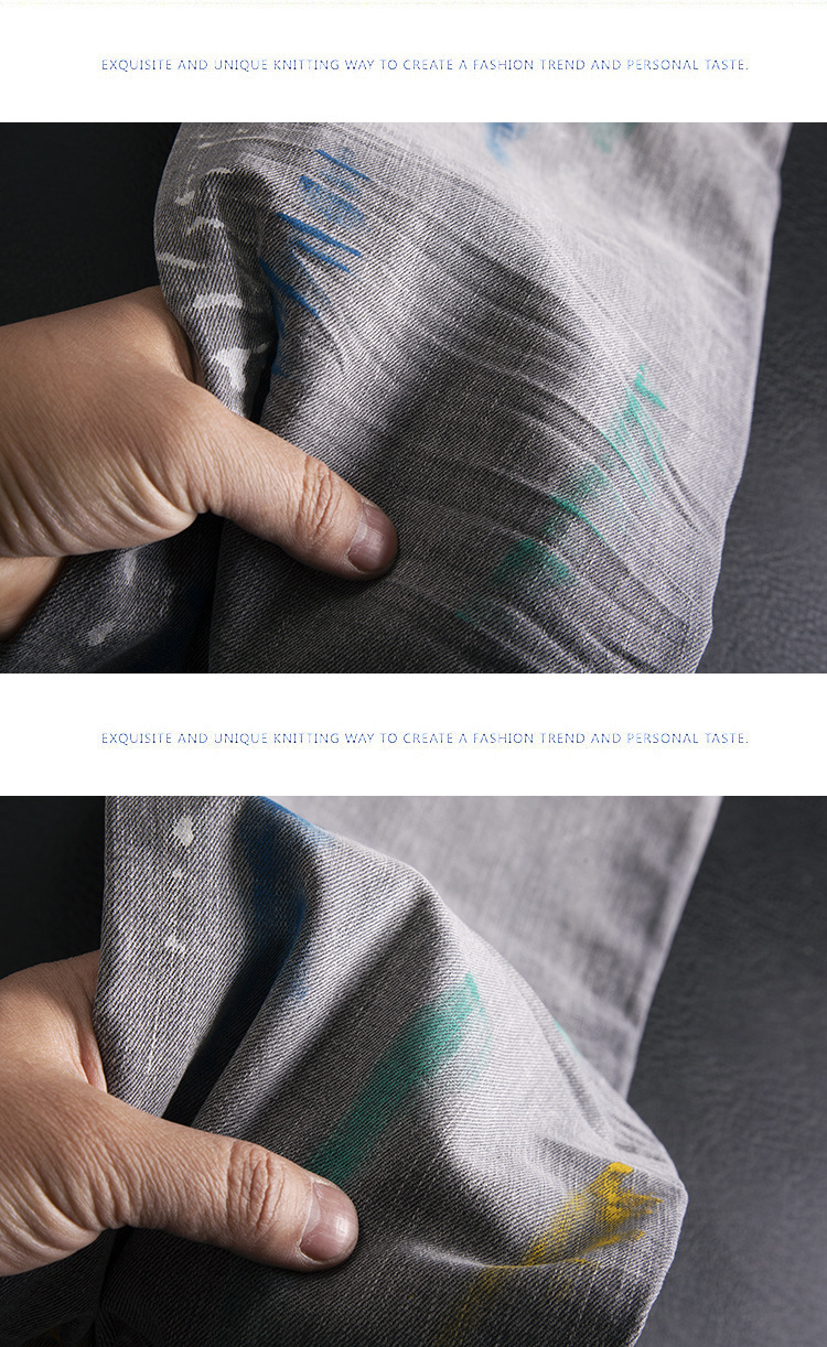Men’s Slim Fit Ripped Patchwork Jeans With Graffiti Print Retro_voghion.com