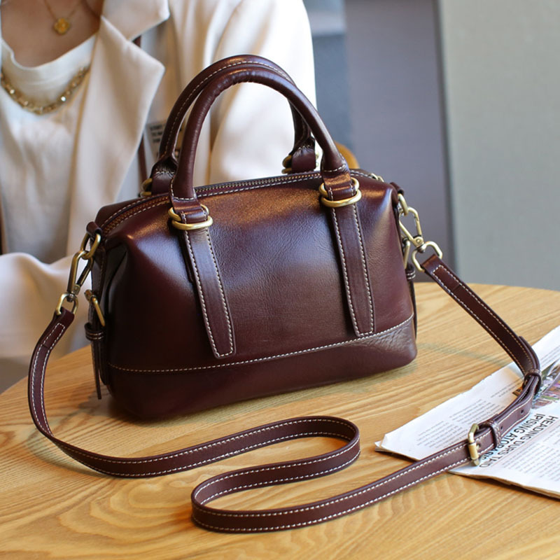 New Retro Vegetable-Tanned Oil Wax Top Grain Cowhide Leather Boston Large Capacity Handbag And Crossbody Bag For Women - Thumbnail 2
