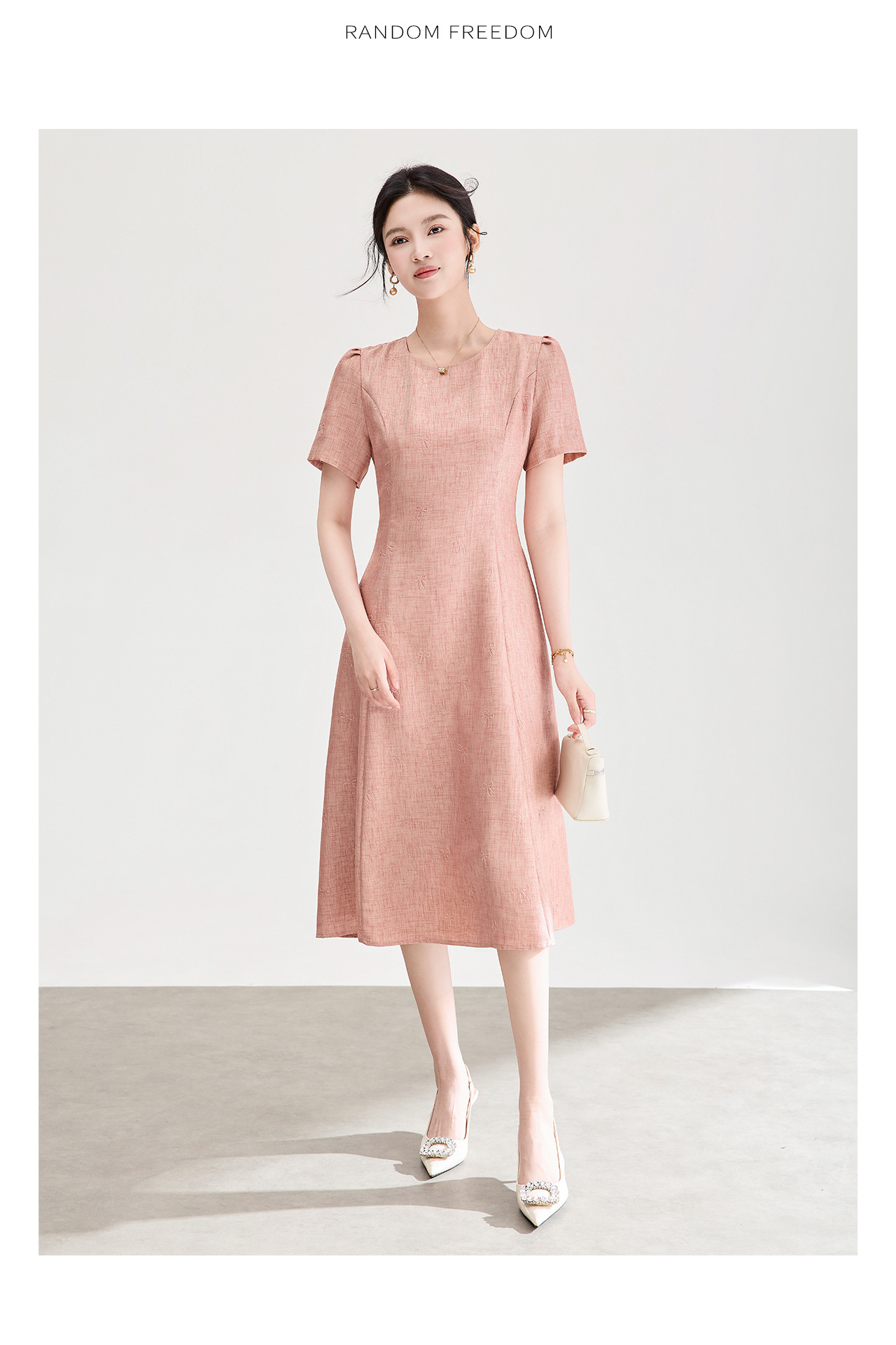 Đầm chữ A nữ cao eo họa tiết jacquard nơ — màu hồng chi tiết 14