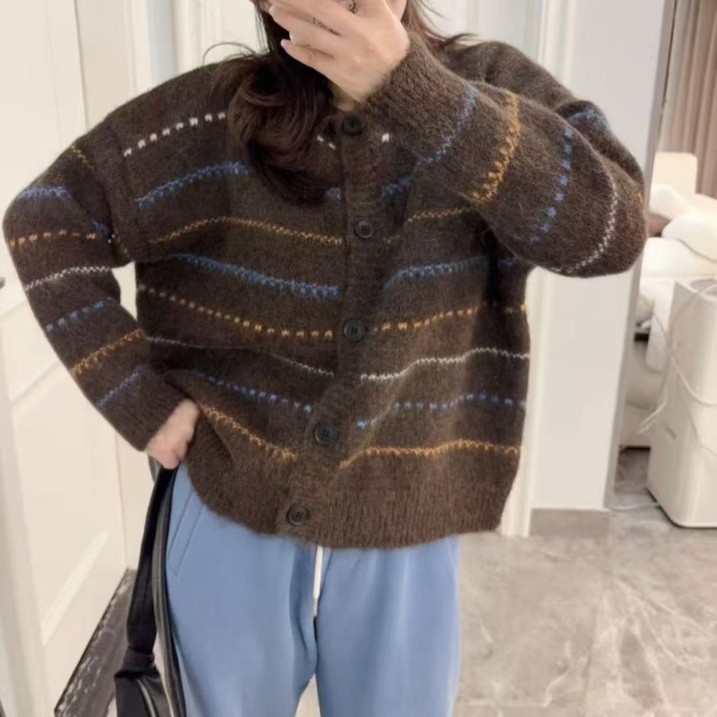 新款秋装上衣韩系条纹撞色针织开衫女宽松慵懒风减龄女装毛衣外套|undefined
