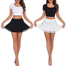 亚马逊跨境欧美半身短裙新款女装蕾丝拼接高腰显瘦性感修身百褶裙