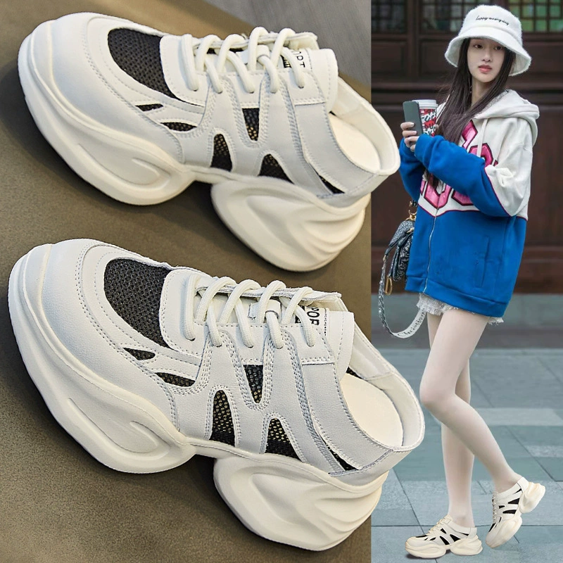 Кожаные тапочки с толстой подошной сумкой женские весенние и летние новые увеличенные 8 см удобные дикие дышащие сандалии на шнуровке женские туфли