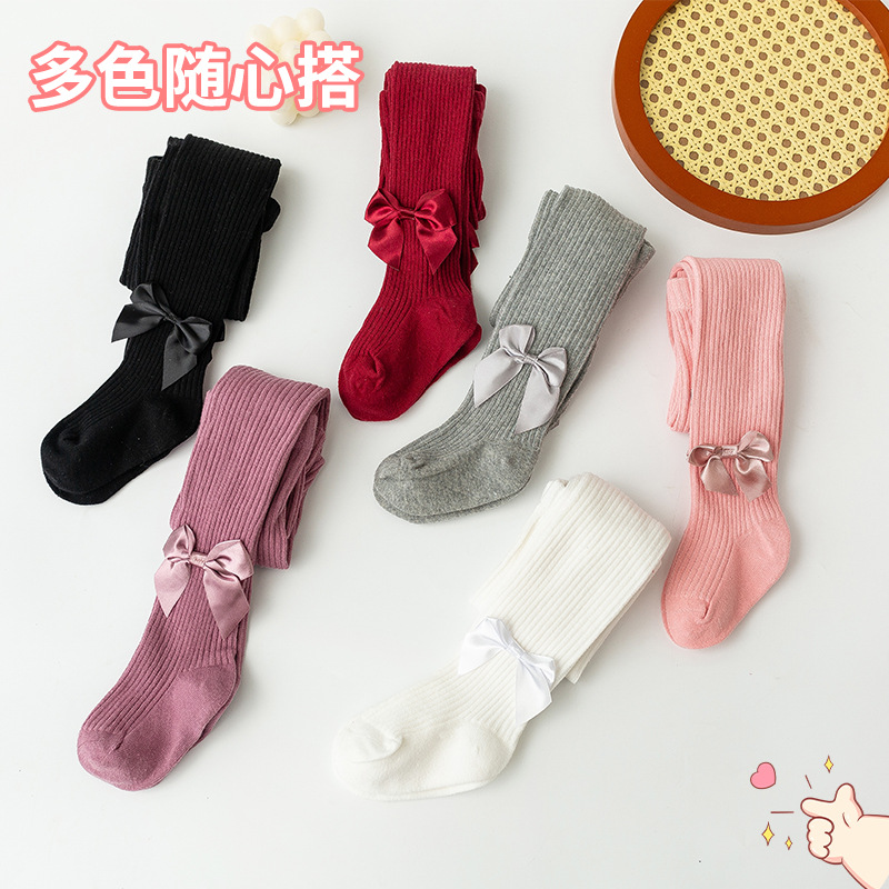 Versión coreana de polainas para niñas con lazo, pantimedias de bebé de doble aguja, leggings para niños con tiras verticales finas para niños