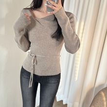 韩国chic 秋冬设计感法式气质斜领系带长袖针织衫女修身显瘦上衣