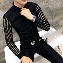 2024新款衬衫男韩版修身长袖蕾丝拼接上衣发型师夜店个性潮流衬衣