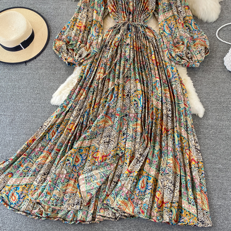 Vêtements pour femmes Automne col rond ample mince à manches longues imprimé satin simple boutonnage robe plissée élégante légère luxe longue jupe_voghion.com