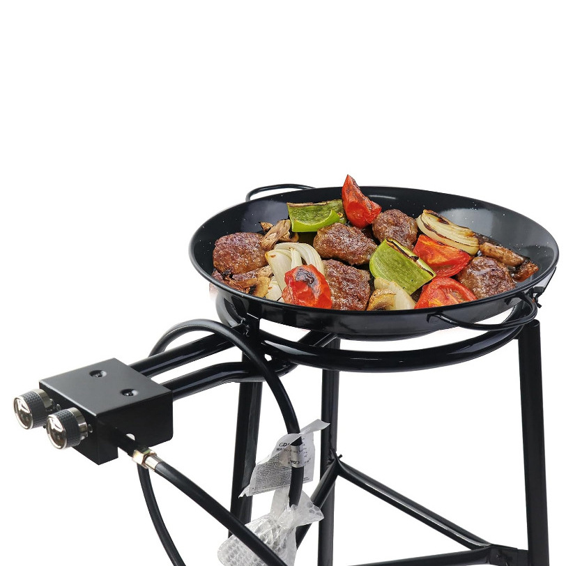 El conjunto incluye panflet de mariscos, quemador y trípode, ideal para el aire libre, acampar y picnic