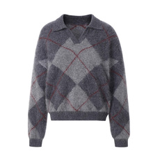 冬季菱形格翻领绵羊毛针织衫女 新款软糯保暖山羊绒毛衣定做加工