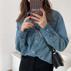 韩版牛仔衬衫女叠穿长袖2025新款宽松上衣内搭天丝衬衣早秋薄外套