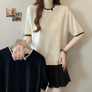 2025 New Summer Fake Two-Piece Round Neck Versatile Breathable Knitwear Large Size Loose Casual Top