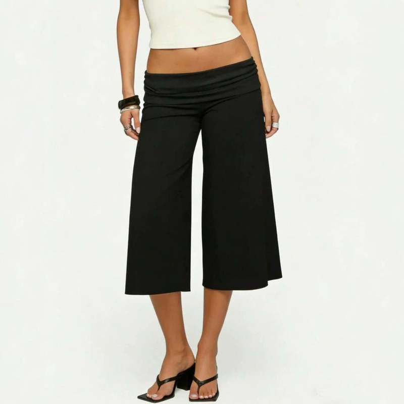Personalized Street Style Hot Girl Fold-Over Waist Design Low-Waist Cropped Wide-Leg Capri Pants Summer Foldable Pants