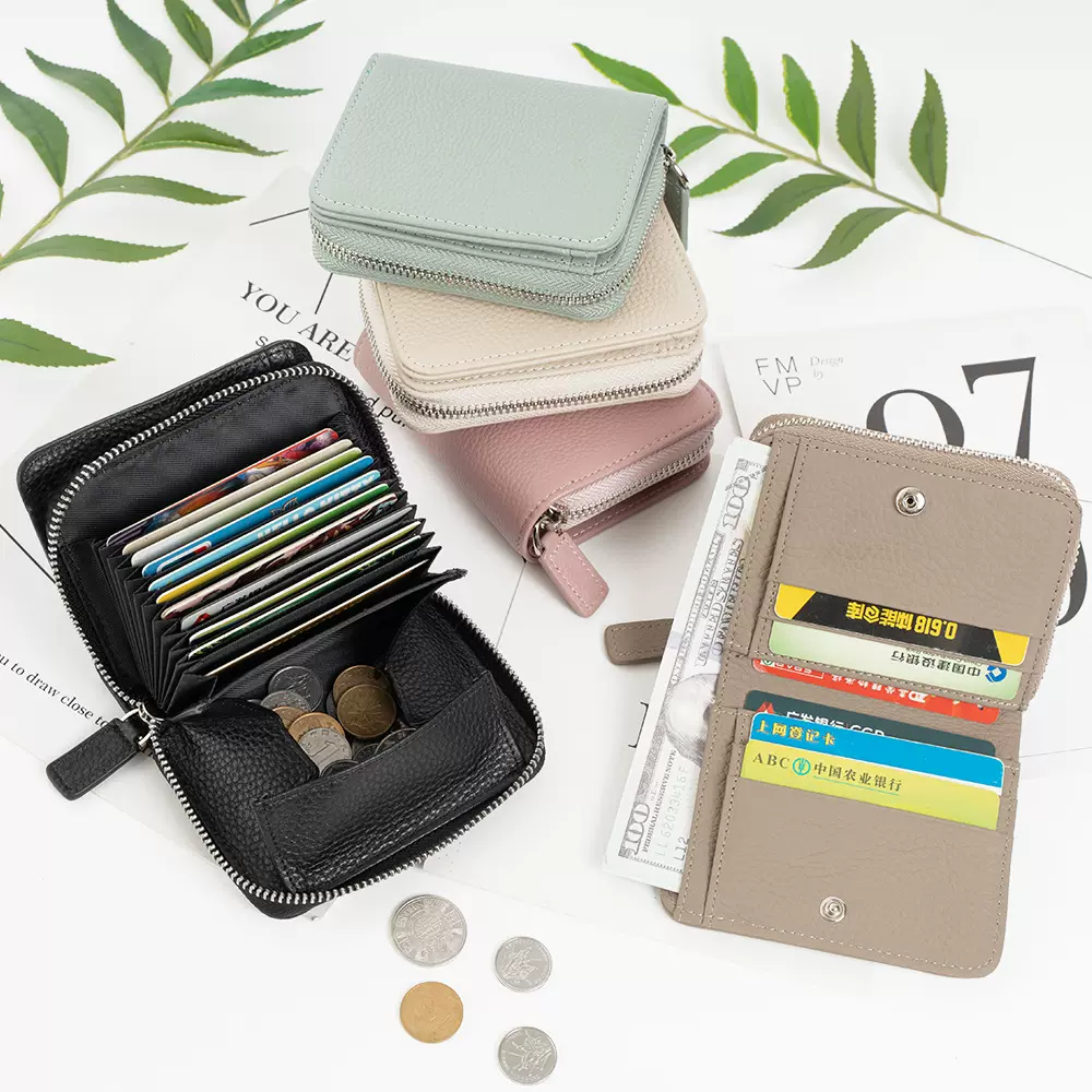 跨境真皮钱包女ins新款多卡位风琴卡包牛皮零钱包大容量拉链钱包