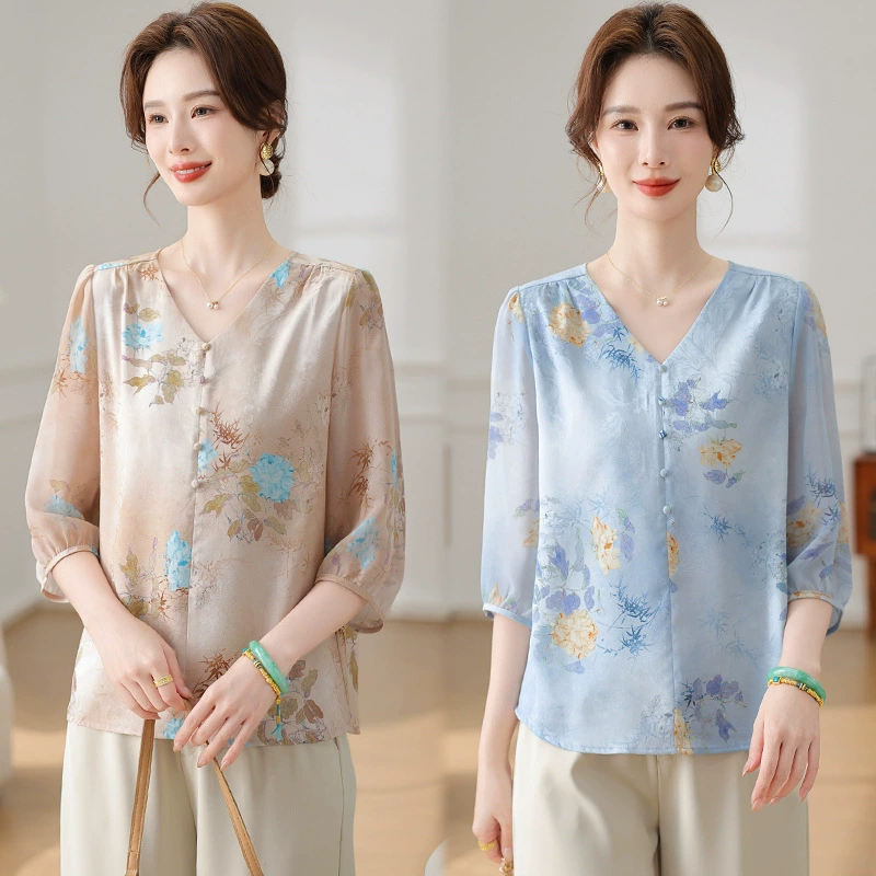 Шифоновая рубашка, женская летняя новая одежда для мам, рубашка с принтом, модная летняя одежда для женщин среднего и пожилого возраста, футболка с v-образным вырезом, топ