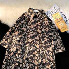港味vintage碎花短袖衬衫女美式复古宽松情侣外套设计感沙滩衬衣
