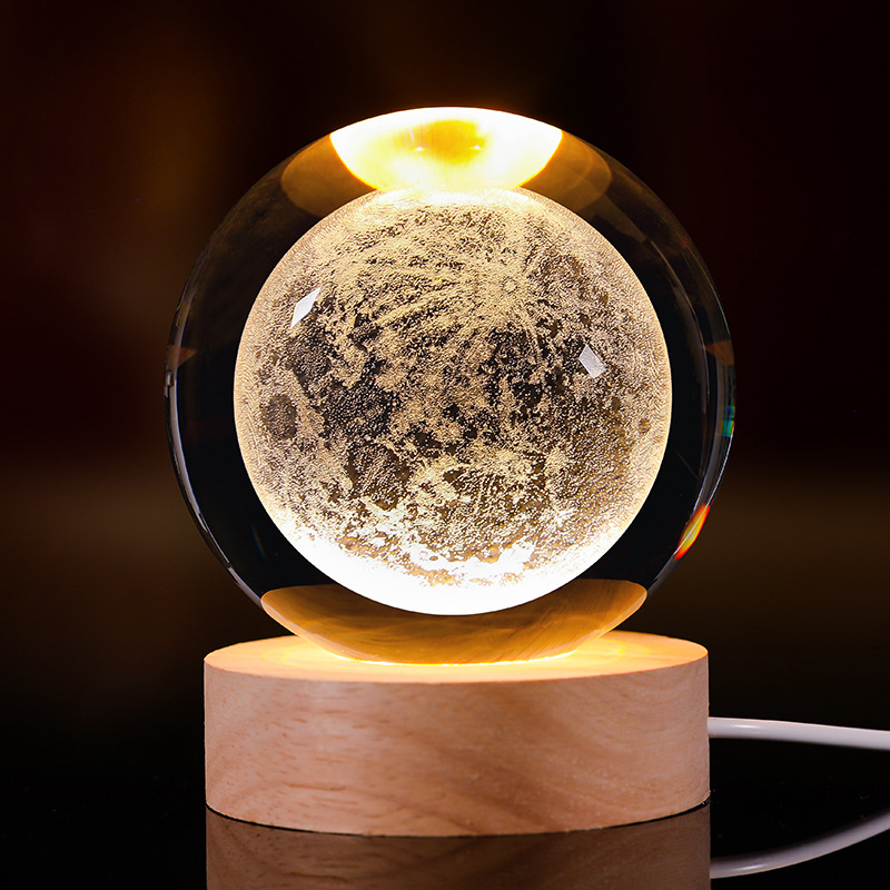 Bola de cristal luminosa lámpara de noche 3D esculpida estrella base de madera sólida regalo de cumpleaños decoración de escritorio creativa