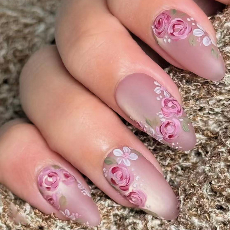Elegant Purple-Pink Matte Cat-Eye Spring and Summer Floral Graffiti Design Medium Almond-Shaped Press-On Nails