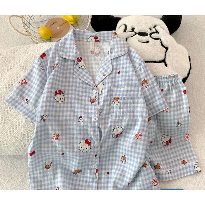 Comercio exterior transfronterizo al por mayor pantalones cortos de mangas cortas nubes pijamas de algodón de verano cardigan con solapa dibujos animados en línea set de ropa para el hogar