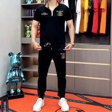 夏季新款2025休闲短袖男士轻奢时尚帅气立领长裤套装两件套潮流