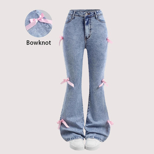 Cross-Border Exclusive for Amazon Aliexpress Teenage Girls Fashion New Washed Bow-Decorated Flared Pants