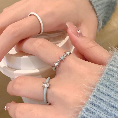 Blue Drop Glaze Zircon Star Ring Female Minority Design Open Index Finger Ring Internet Famous Fashion Personality Set Rings 