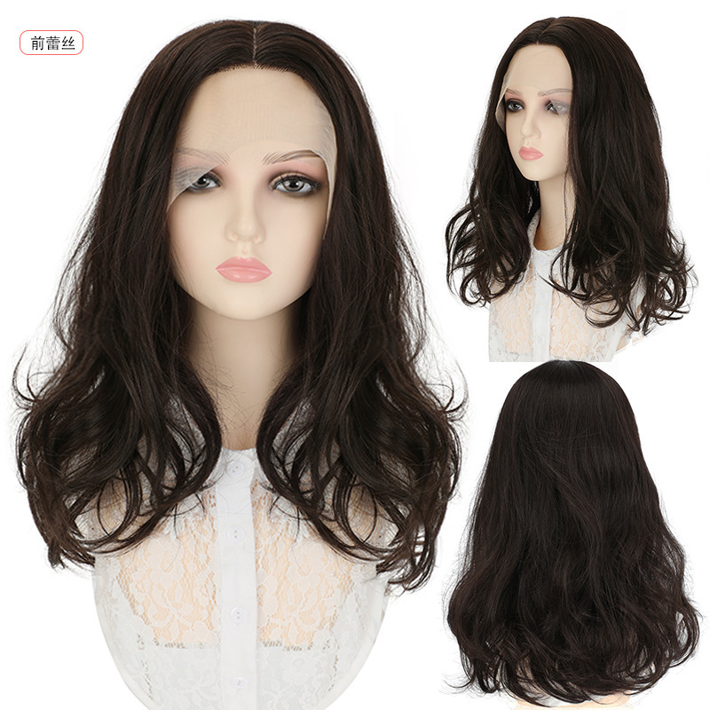 Wig women's front lace hand-woven forehead long curly hair fluffy natural simulation chemical fiber high temperature silk headgear spot