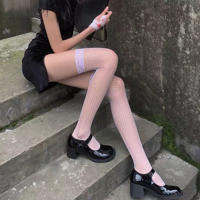 吊带蕾丝花边蝴蝶结袜子女黑色腿环长筒高筒过膝jk渔网袜|undefined