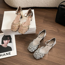 法式水钻珍珠中空凉鞋女夏仙女风高级感粗跟一字扣单鞋女中高跟鞋
