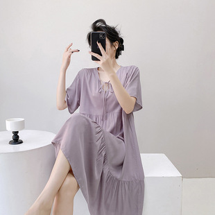 Spring New Cotton Silk Nightgown Women's Printed Summer Casual Style Sweet Short Sleeve Solid Color Pajamas Outer Wear Home Clothes