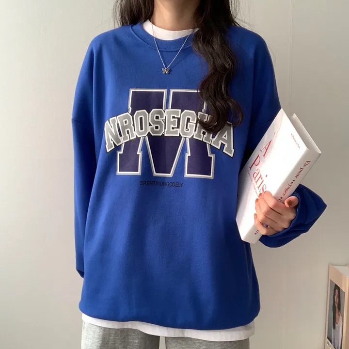 4色 棉蓝色韩版宽松运动卫衣女春秋冬季装休闲圆领薄款加绒字母潮