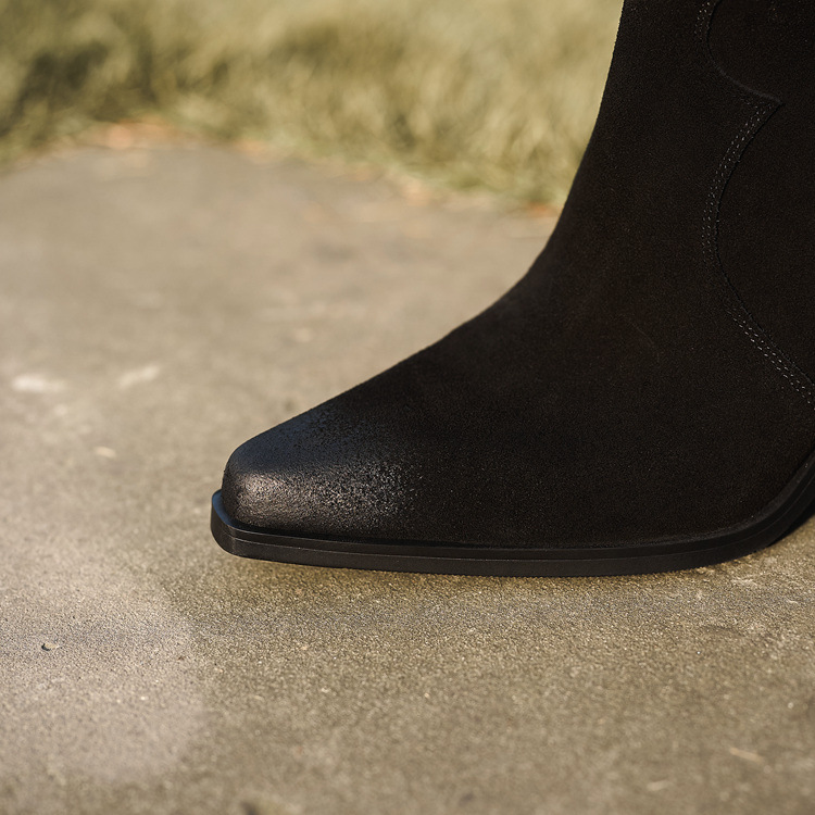 Boot cao bồi nữ da lộn mũi nhọn gót thô cổ thấp — Lớp lót nhung màu kaki chi tiết 16