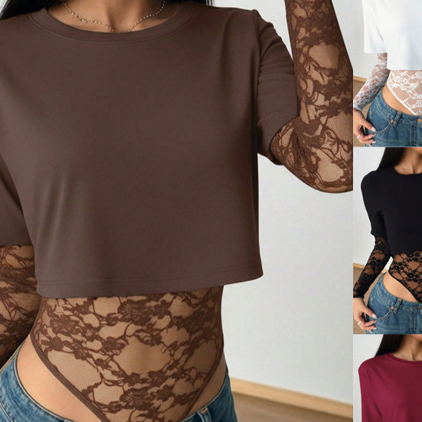 European and American Style Faux Two-Piece Lace Long-Sleeve Bodysuit, Spicy Short-Sleeve T-Shirt with Sheer Overlay Shirt European and American Style Faux Two-Piece Lace Long-Sleeve Bodysuit, Spicy Short-Sleeve T-Shirt with Sheer Overlay Shirt