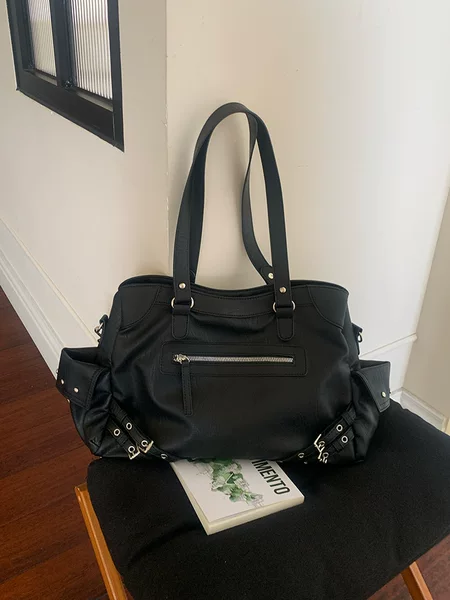 Retro Motorcycle Bag, Trendy Girl Bag, New Korean Ins Style, Large Capacity, Casual Black Versatile Shoulder Crossbody Tote Bag