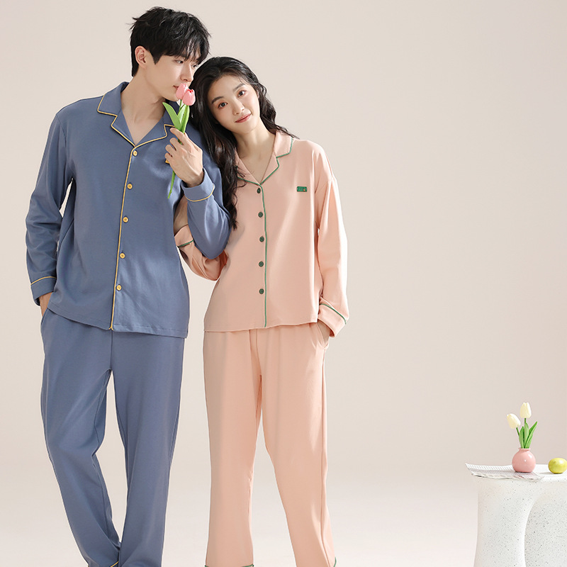 항균 통기성 순면 커플 잠옷 봄과 가을 긴 소매 바지 가디건 옷깃 플러스 사이즈 세트 남성 및 여성 홈 옷