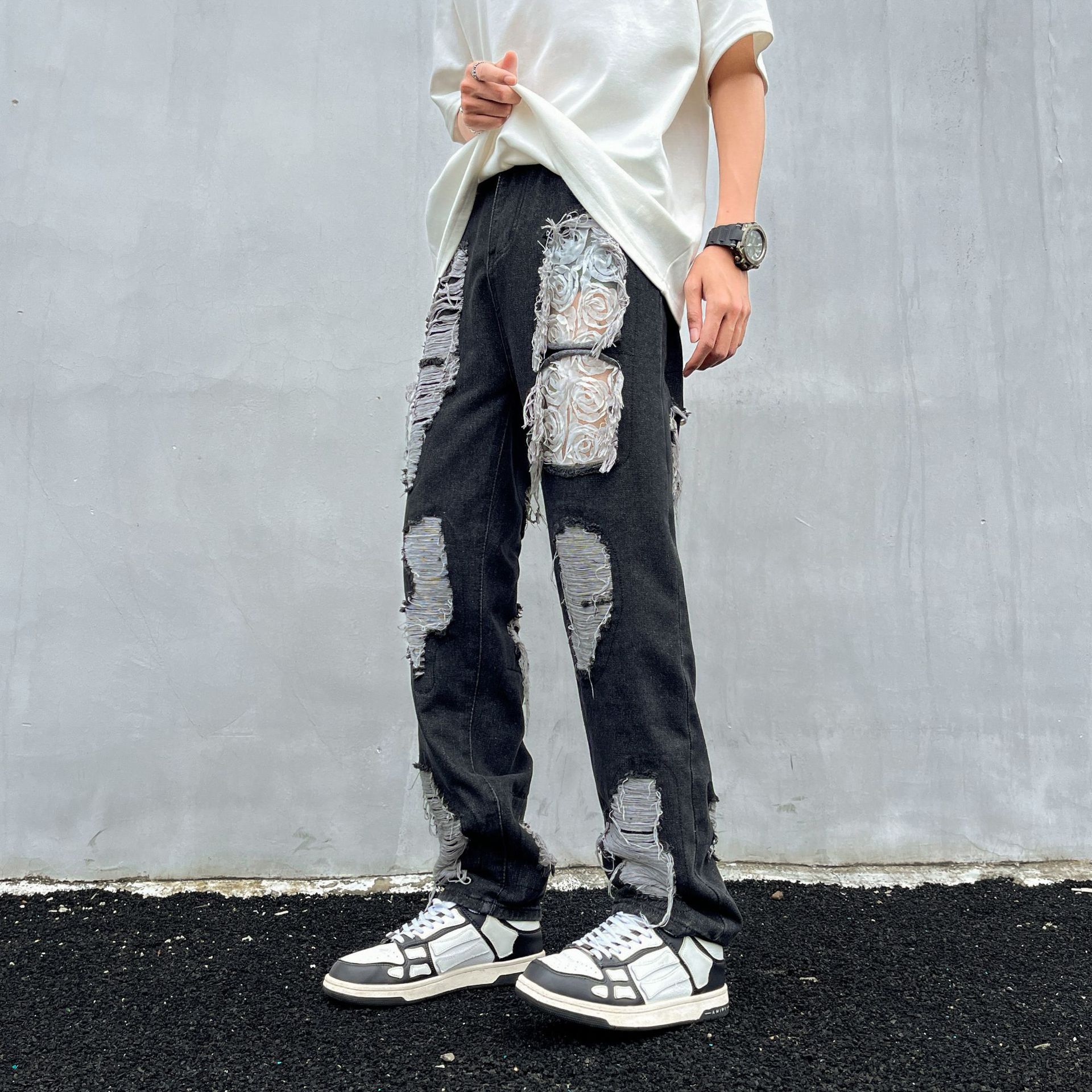 Tie-Dye Ripped Jeans For Men And Women American High Street Vintage Washed Slim Fit Flared Pants_mkmklike.com