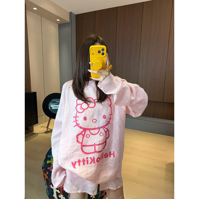 Korean-Style Pink Sweet Kt Cat Print Pajamas, Summer Casual Soft and Loose Girl-Style Home Two-Piece Set