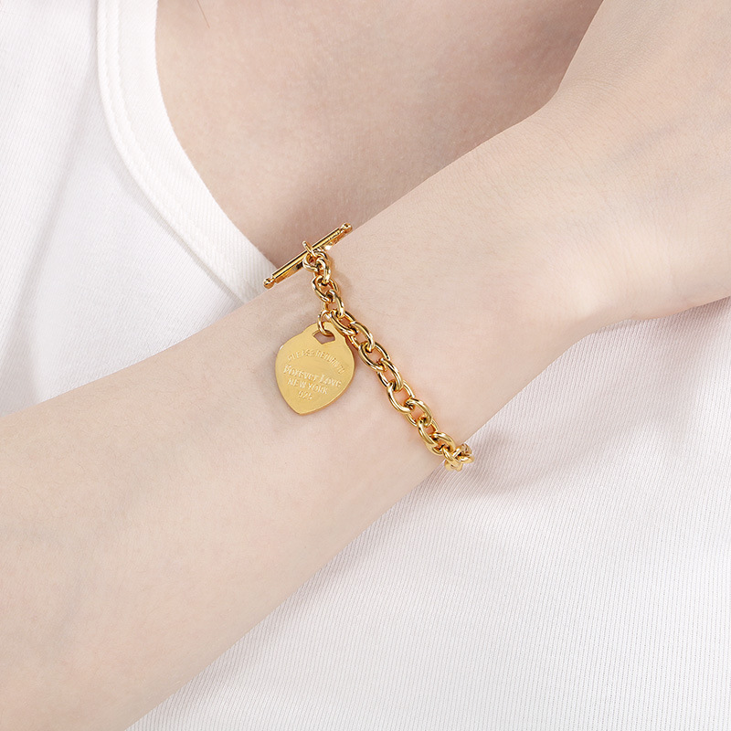 Cross-Border Export Fashion Heart-Shaped Ot Buckle O-Shaped Chain Bracelet English Letter Heart Pendant Handmade Thick Chain Bracelet