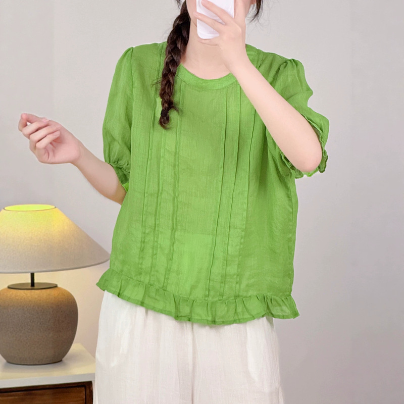 Ramie Pleated Shirt, Summer Women's Clothing, Artistic Fashion, Loose Fit, Slimming, Versatile, Casual Lace Trim T-Shirt 2669