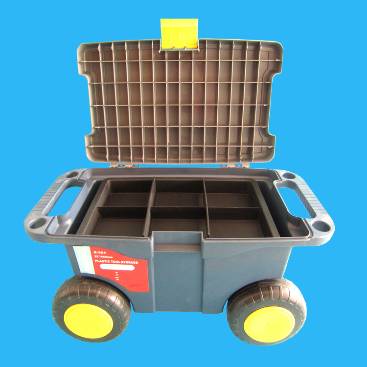 优质22寸园林塑料收纳工具箱双层手推式工具车