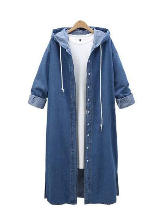 Джинсовая удлинённая куртка‑кардиган с капюшоном, женская, plus size, демисезон