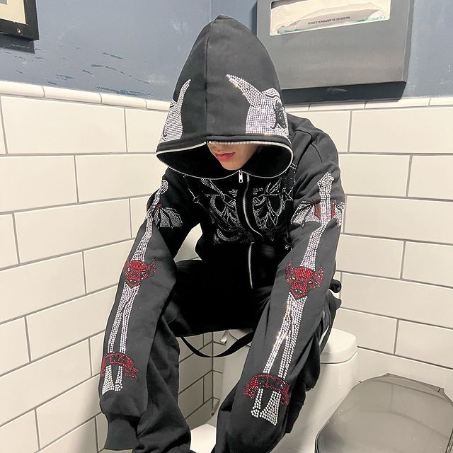 Maglione da uomo con cappuccio con cerniera calda con teschio Y2K Top allentato da donna 2023_voghion.com