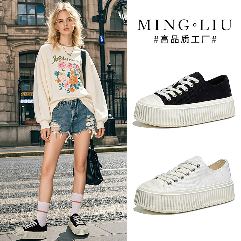 新款帆布鞋2025秋季复古擦色饼干鞋休闲小白鞋女厚底板鞋时尚女鞋