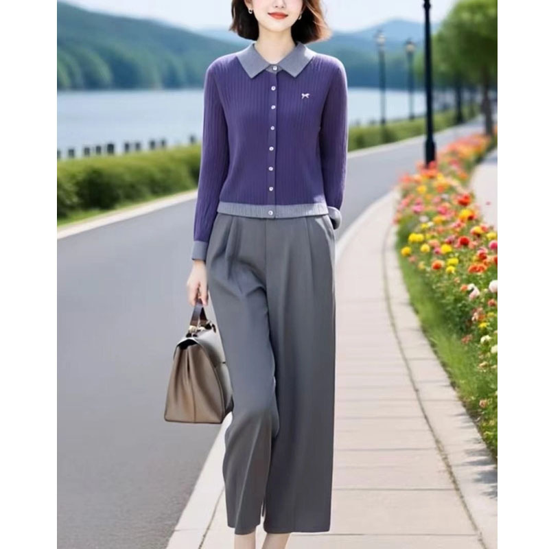 GraceChic Super Beautiful Top in maglia con risvolto viola abbinato, completo autunno 2025, pantaloni casual, set da due pezzi_voghion.com