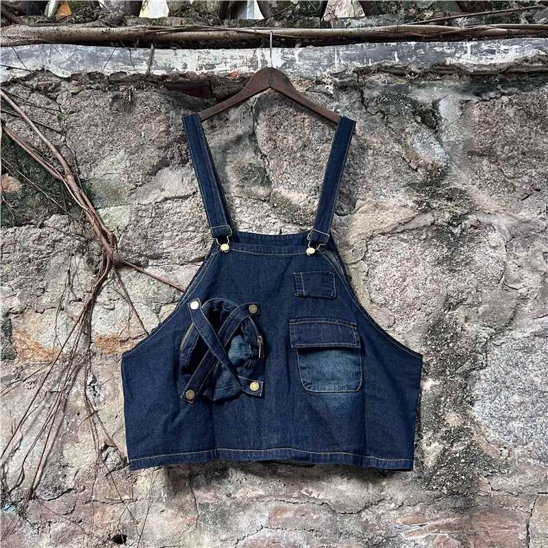 Marca de moda tailandesa 2026 primavera y otoño nueva moda personalidad chaleco sin mangas multi-bolsillo jeans conjunto suelto