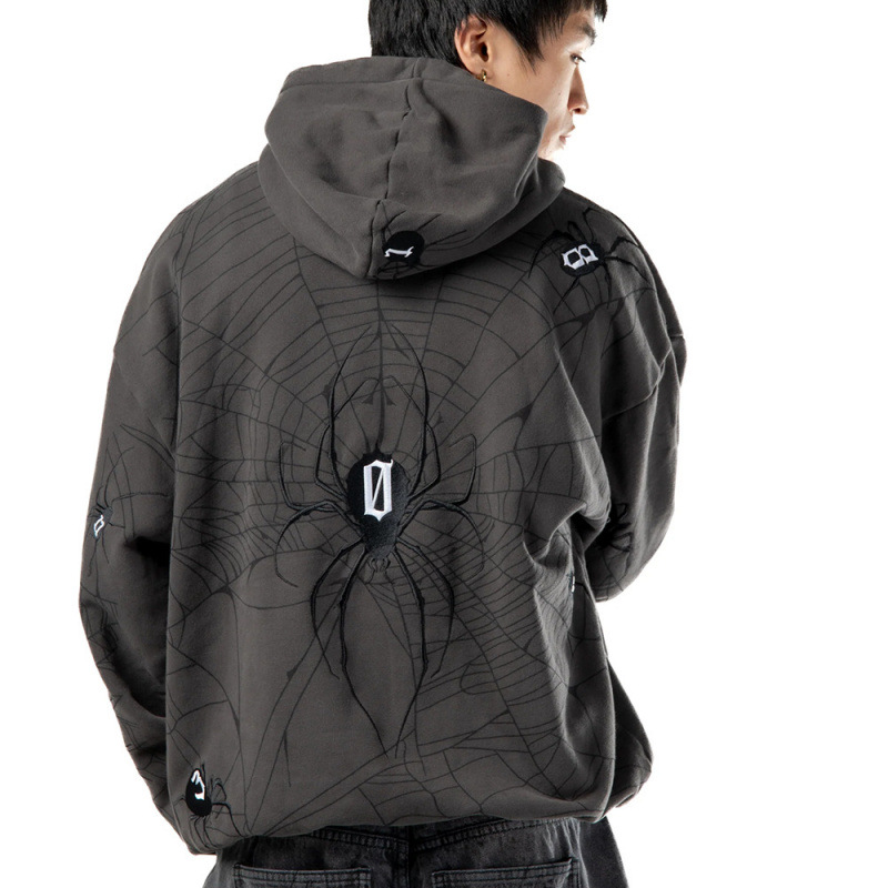 Punk Street Hoodie – Gotische Spinnenweb & Letter Print, Oversized Unisex Trui Voor Hiphop & High Street Mode_voghion.com