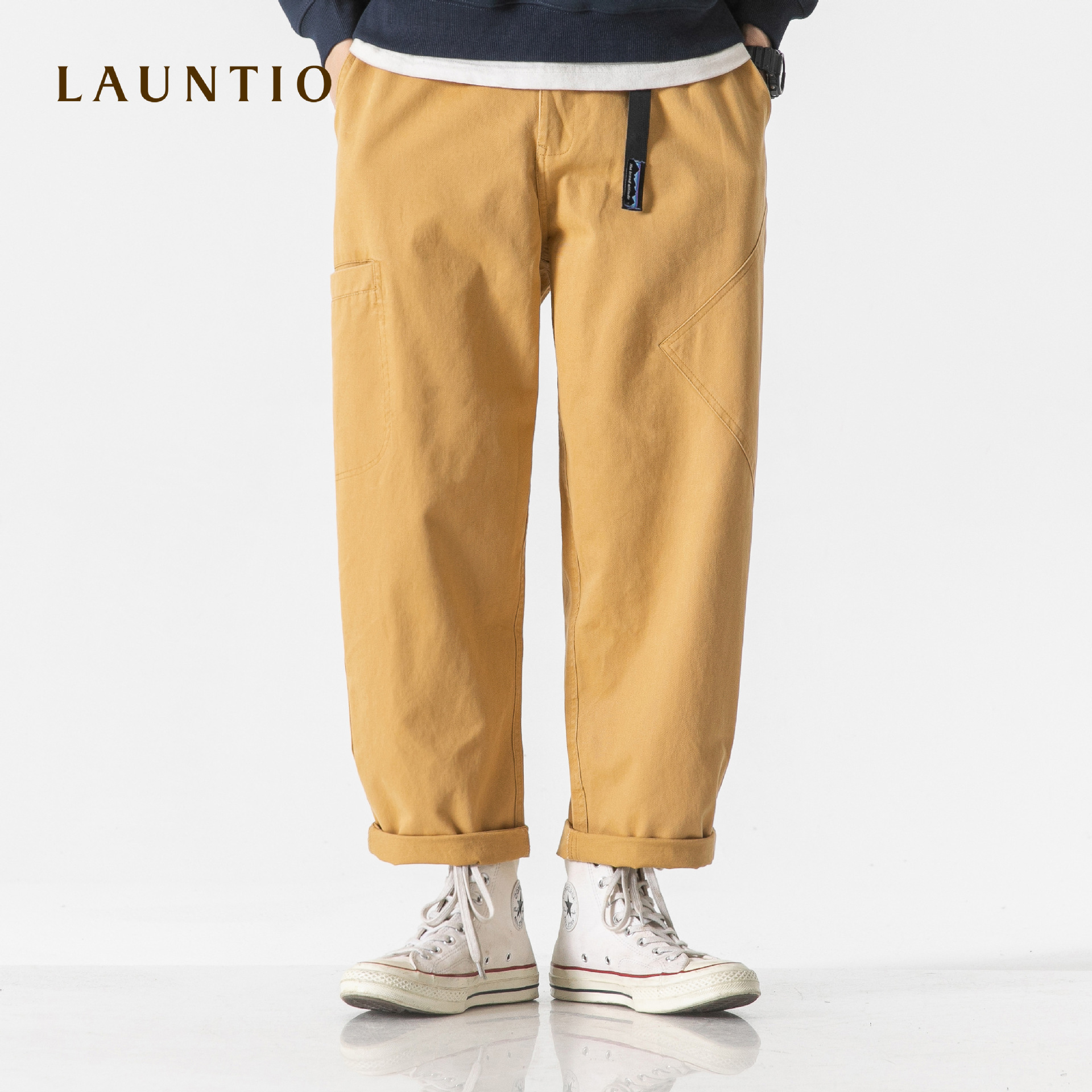 龙之日系休闲2023春季纯棉直筒休闲裤插扣腰带贴布装饰休闲裤男|ms