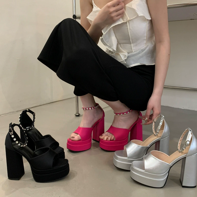 2025 супер высокие каблуки сандалии с камнями толстая подошва атласные туфли Мэри Джейн женские толстый каблук водонепроницаемая платформа одноремешковые туфли на высоком каблуке