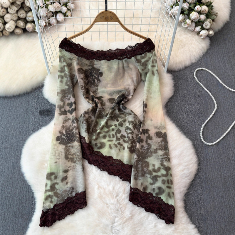 Carefully Selected Tops with Various Styles for Summer Women's Rose Printed Lace Splicing Mesh Bottoming Shirts for Women 2025 New