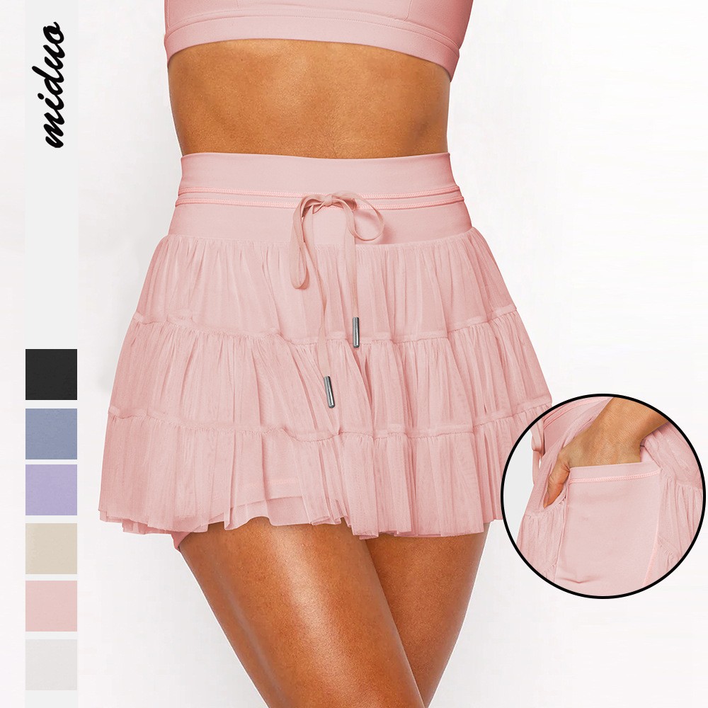 Wish Cross-Border Hot Selling Anti-Exposure Safety Pants Skirt Lace-Up Mesh Pleated Skirt Half Skirt Summer High-End Skirt