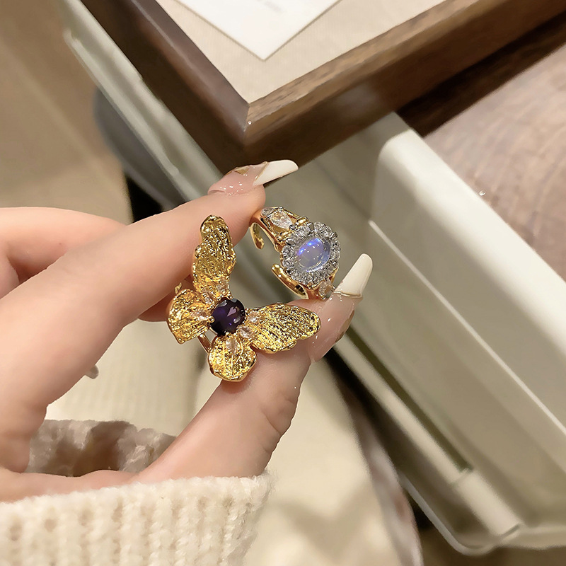 新中式宮廷風立體紫鑽蝴蝶戒指女輕奢小眾精緻指環時尚高級感手飾